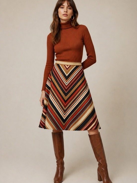 Vintage Dresses & Skirts - Vintage arrow Striped A-Line Midi Skirt fall neutral tones